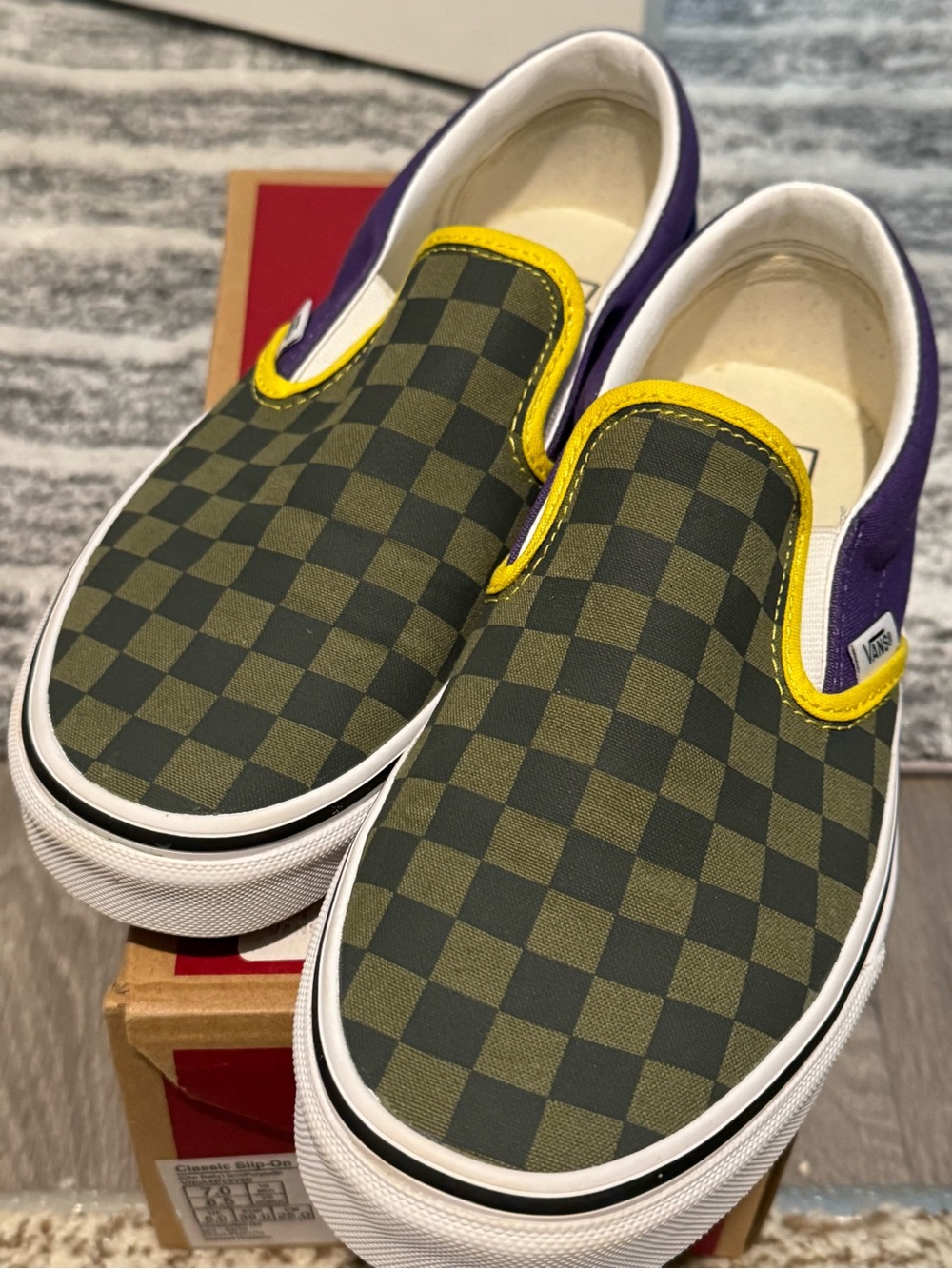 Vans OTW RALLY Slip-On Checkerboard Sneakers - Olive, Yellow & Purple - Picture 5 of 5